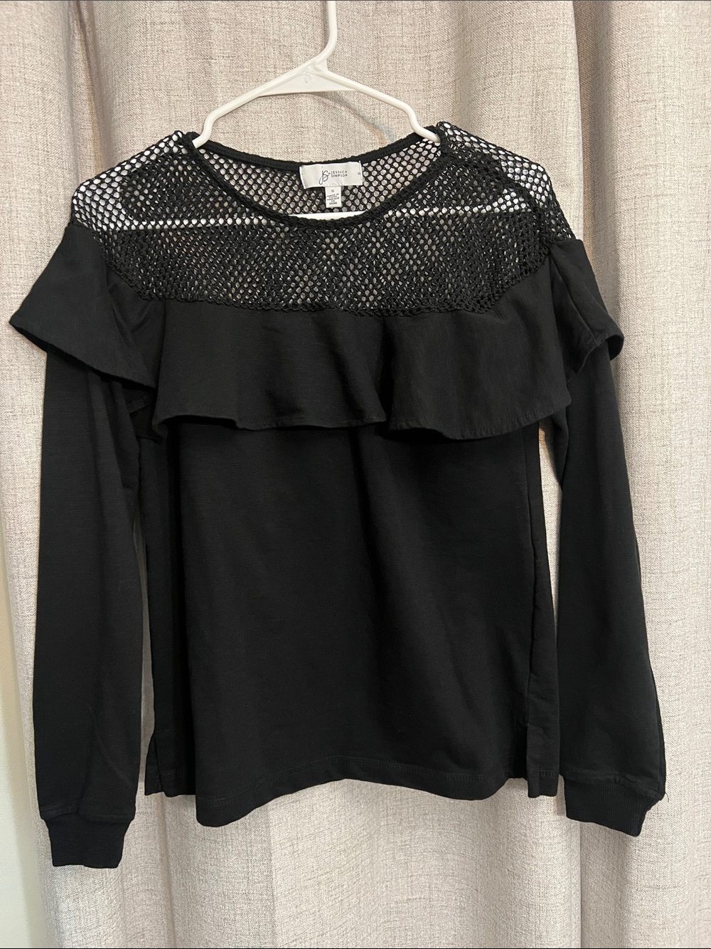 Jessica Simpson Black Long Sleeve Top with Mesh Yoke and Ruffle Detail